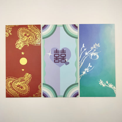  Three wedding hongbao (red envelopes) are arranged side by side against a white background. The left envelope is red with gold dragon designs. The middle envelope has a colorful pattern with a heart and double happiness symbol in the center. The right envelope features a blue-green gradient with silver mandarin tree patterns.